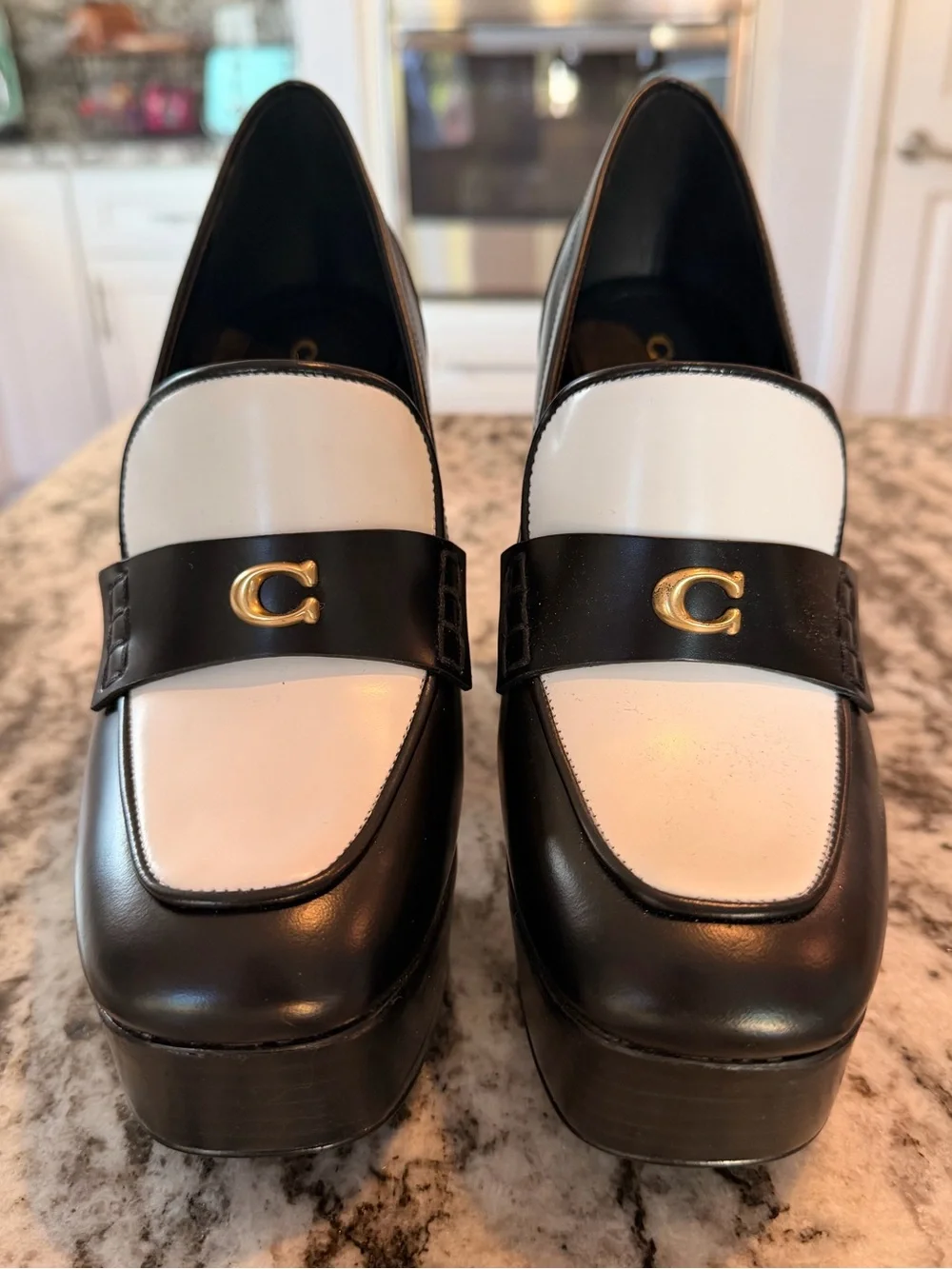Coach Ilyse Black and White Leather Platform Loafers with Gold C Hardware 8.5